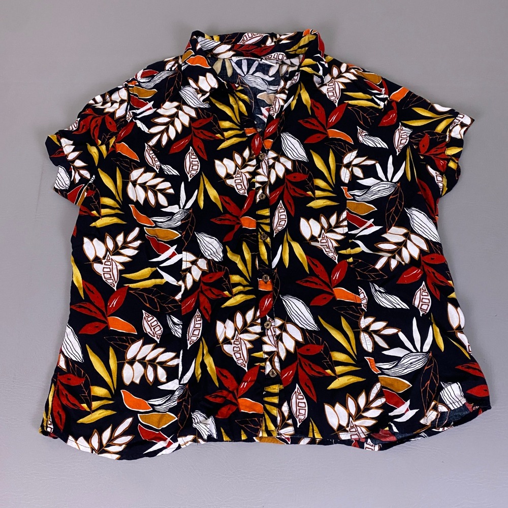 Apparenza Blouse Womens 3X Tropical Leaf Print Rayon Button Front Short Sleeve